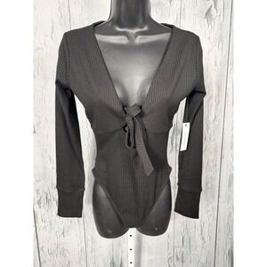Shades of Rose Ribbed Tie Front Deep V-Neck Long Sleeve Bodysuit Black Small NWT
